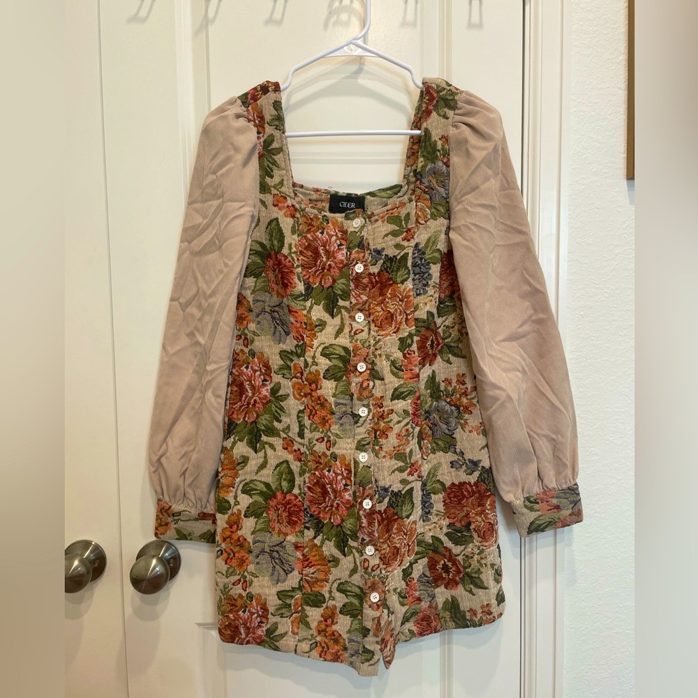 Cider Beige Floral Button Front Tapestry Long sleeved Dress